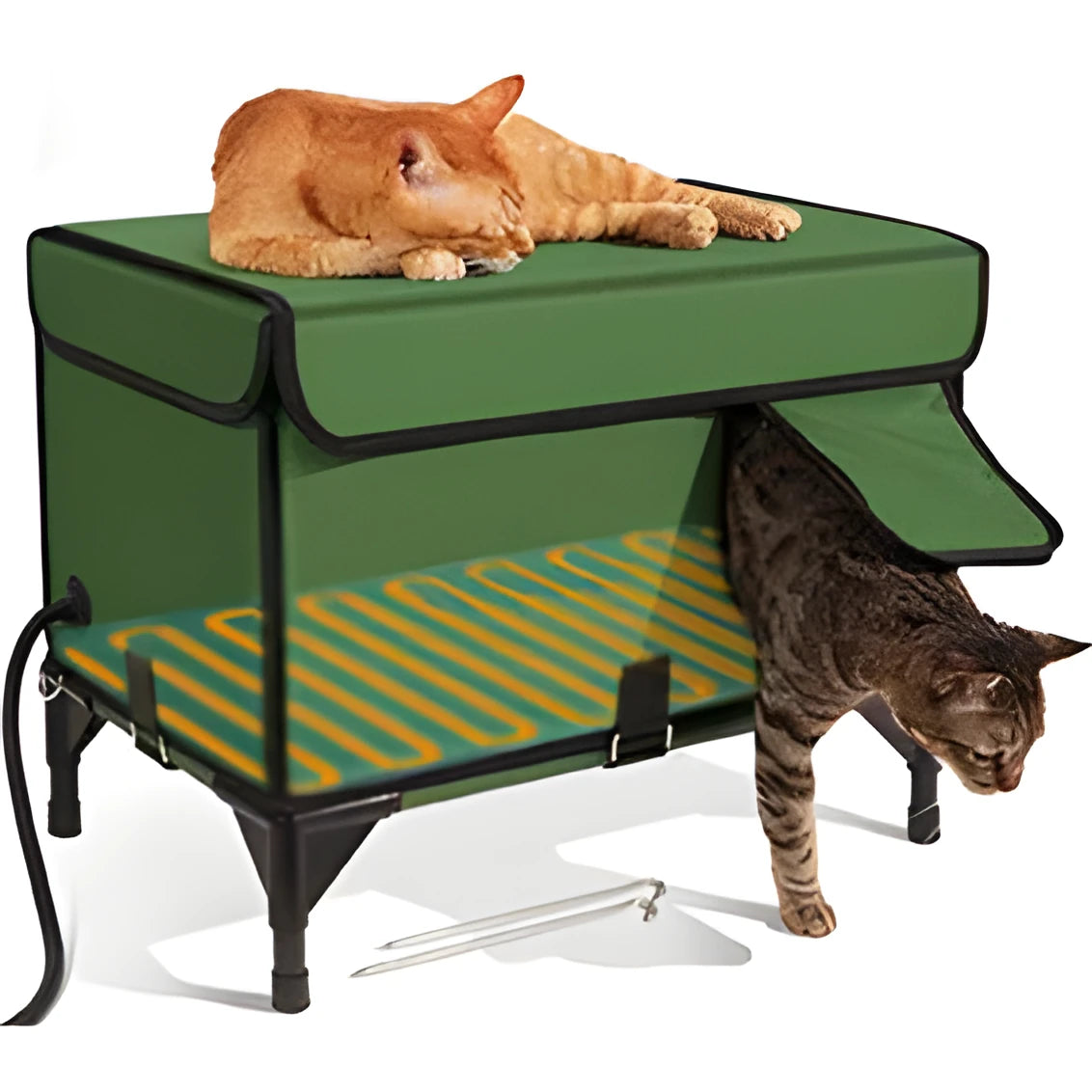 Green foldable cloth cat cage with heating insulation showing S M L size options for outdoor pet containment