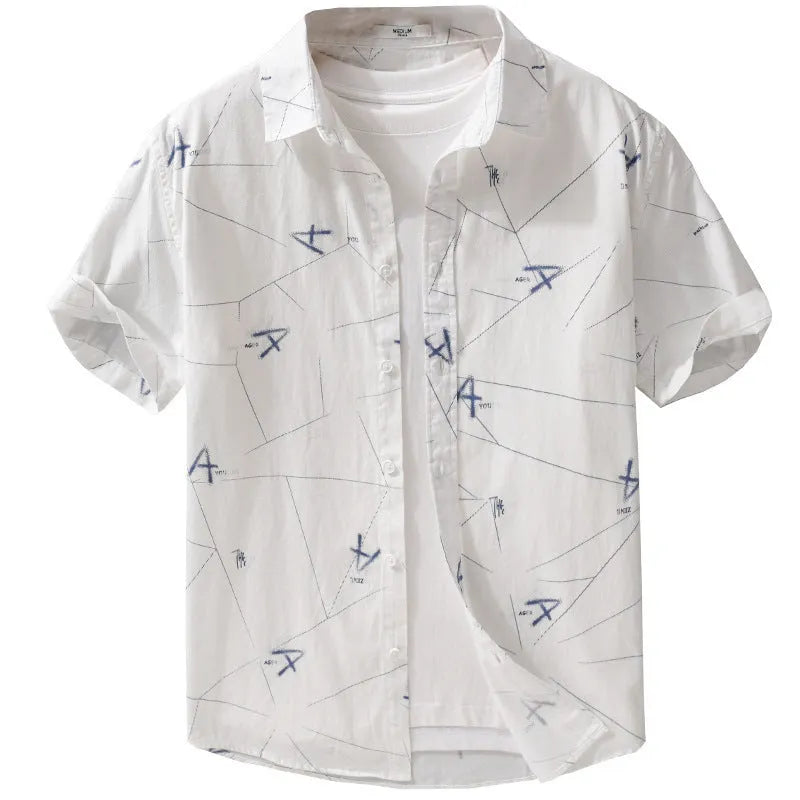 Casual short sleeve shirt in pure cotton with loose cardigan style fit and printed letter design