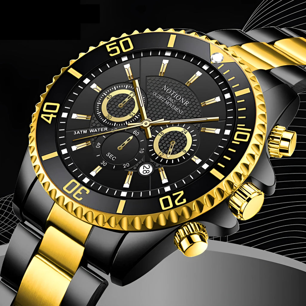 Men's gold green stainless steel quartz watch with luminous dial and calendar, 42mm, 30m water resistant