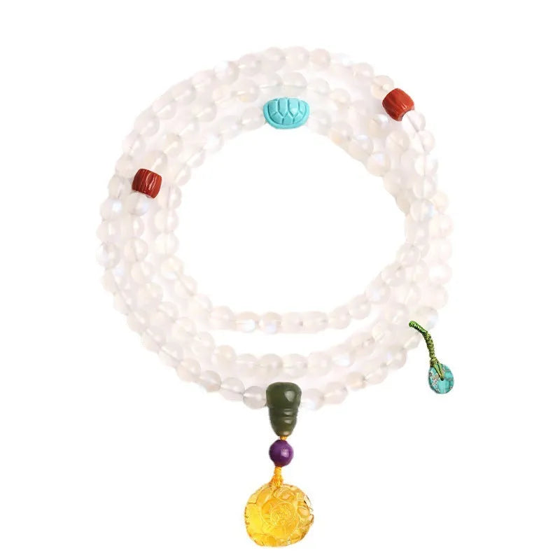 Blue light glass moonstone 108 prayer beads bracelet for women with beeswax finish white colour ethnic style.