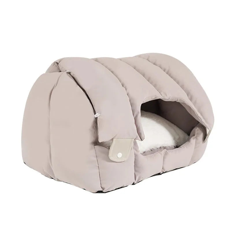 Grey dual-purpose arched cat nest shown as both an enclosed pet bed and an open sofa-style bed.