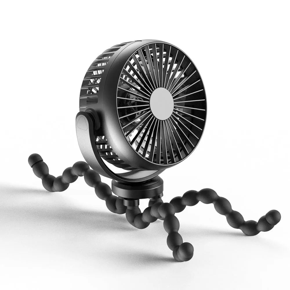 HOMEFISH F2 automatic shake head fan with LED light on removable bracket, showing USB port.