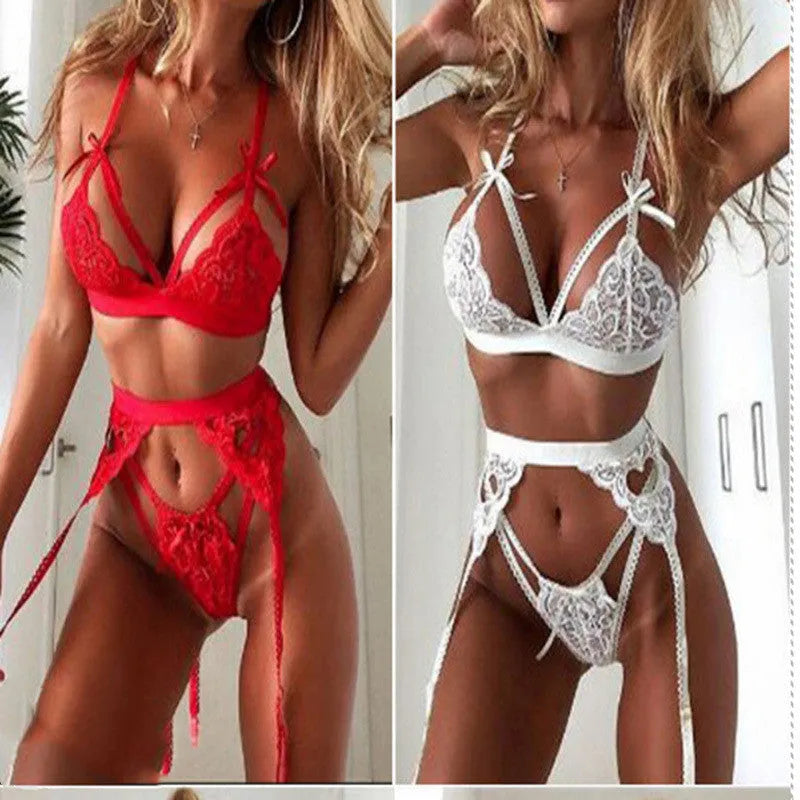 Red and white lace lingerie set made from polyester fabric in sizes small to extra-large