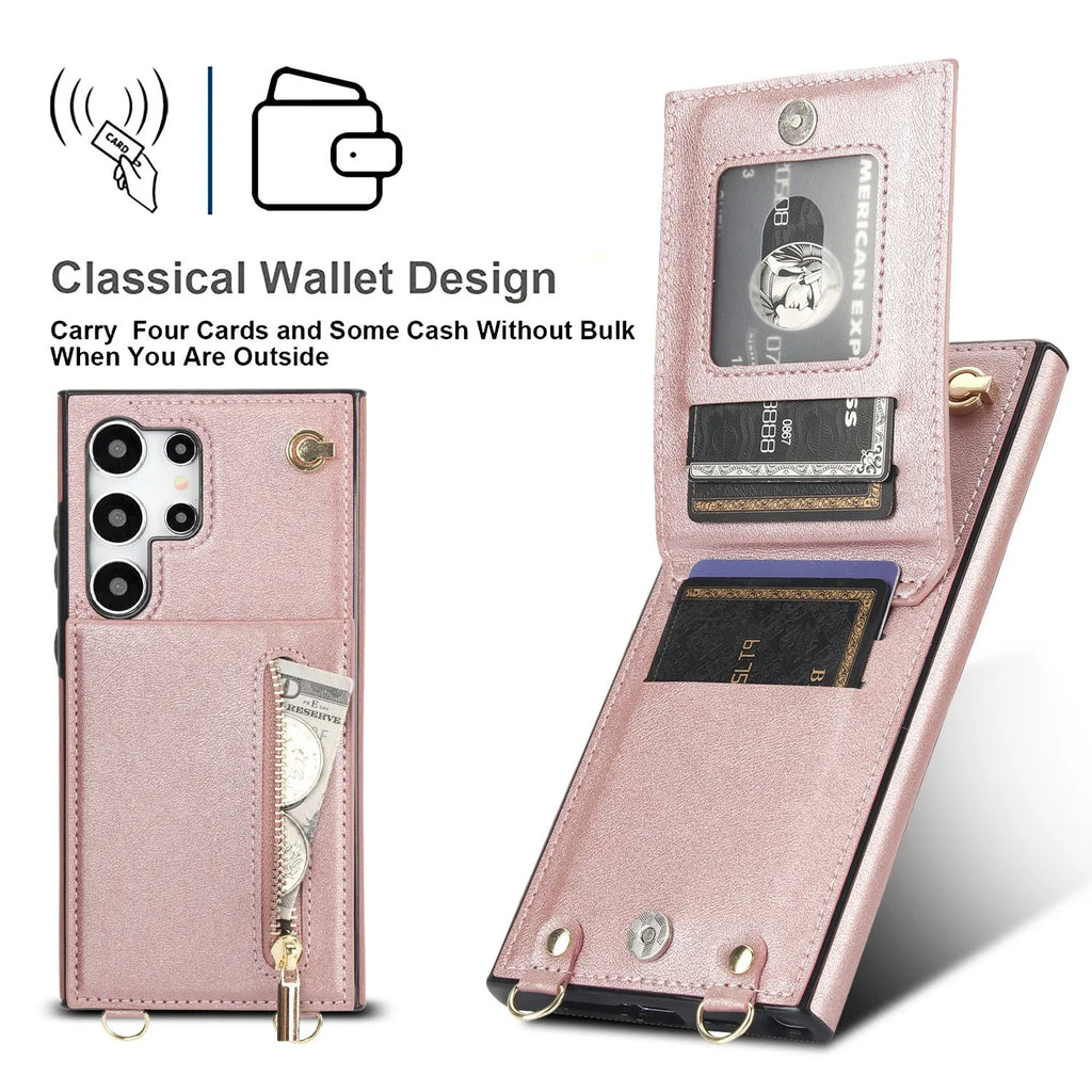 Samsung phone case with card slot and kickstand in black PU leather