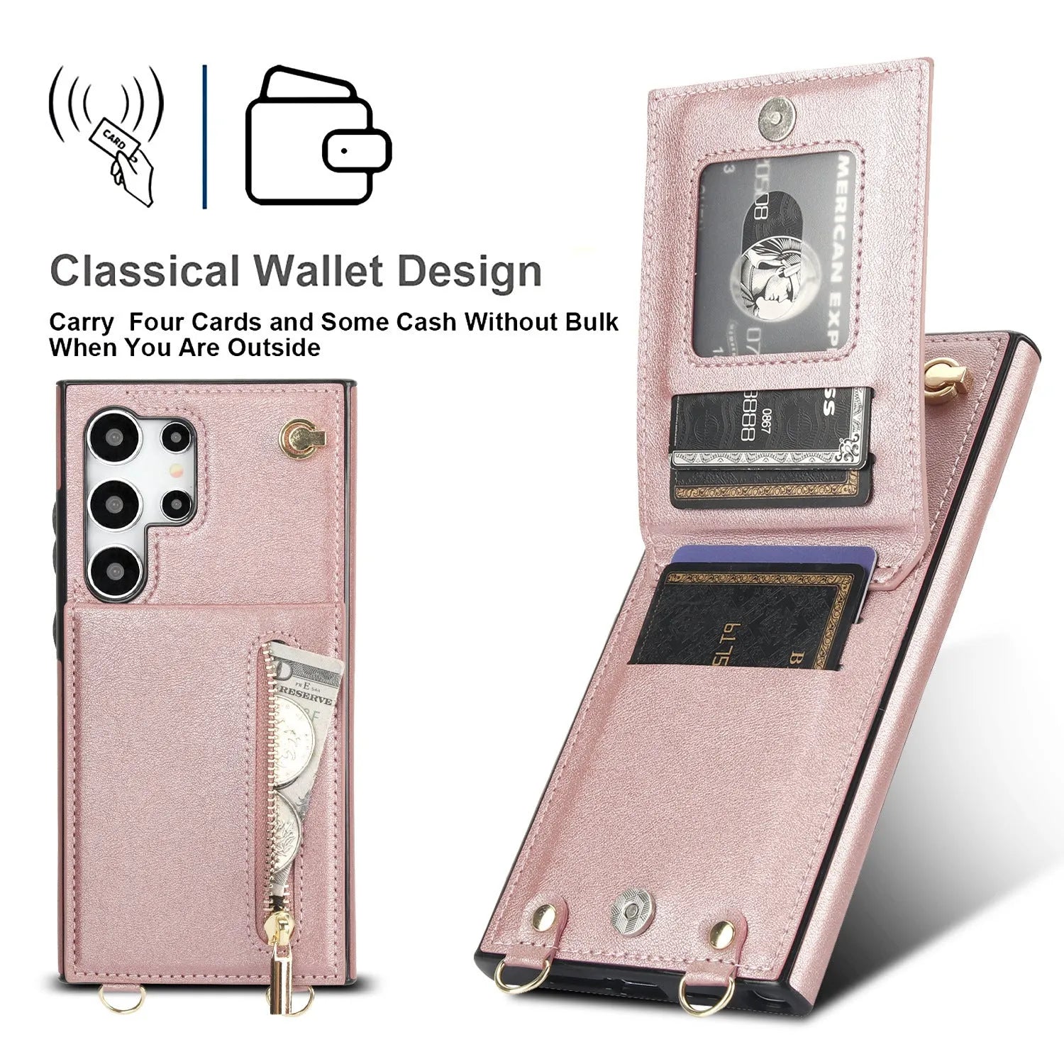 Samsung phone case with card slot and kickstand in black PU leather