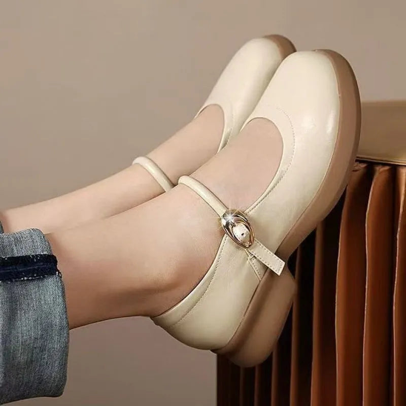 Flat fairy style leather shoes with wedge heel, round toe, and skull pattern in multiple colours