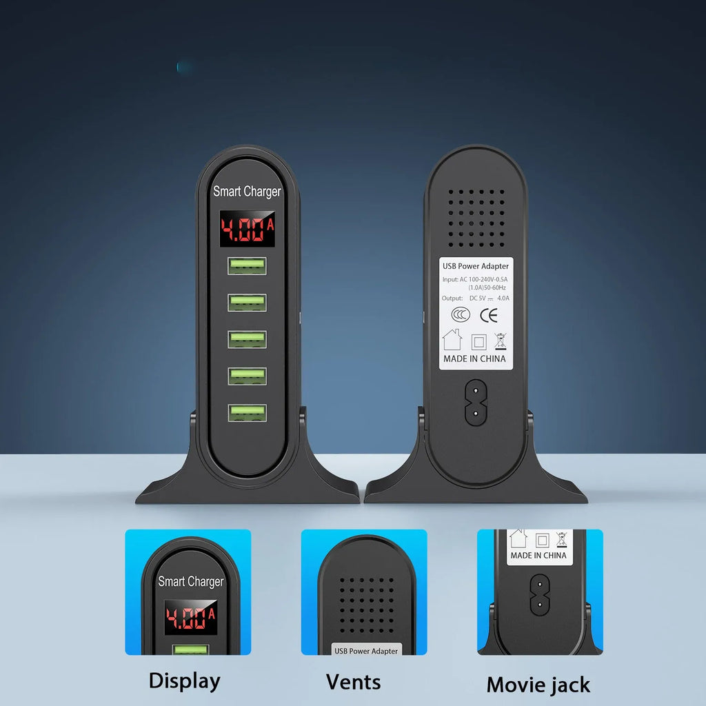 Smart LED digital display USB wall charger in black or white with selectable EU, UK, or US plug styles.