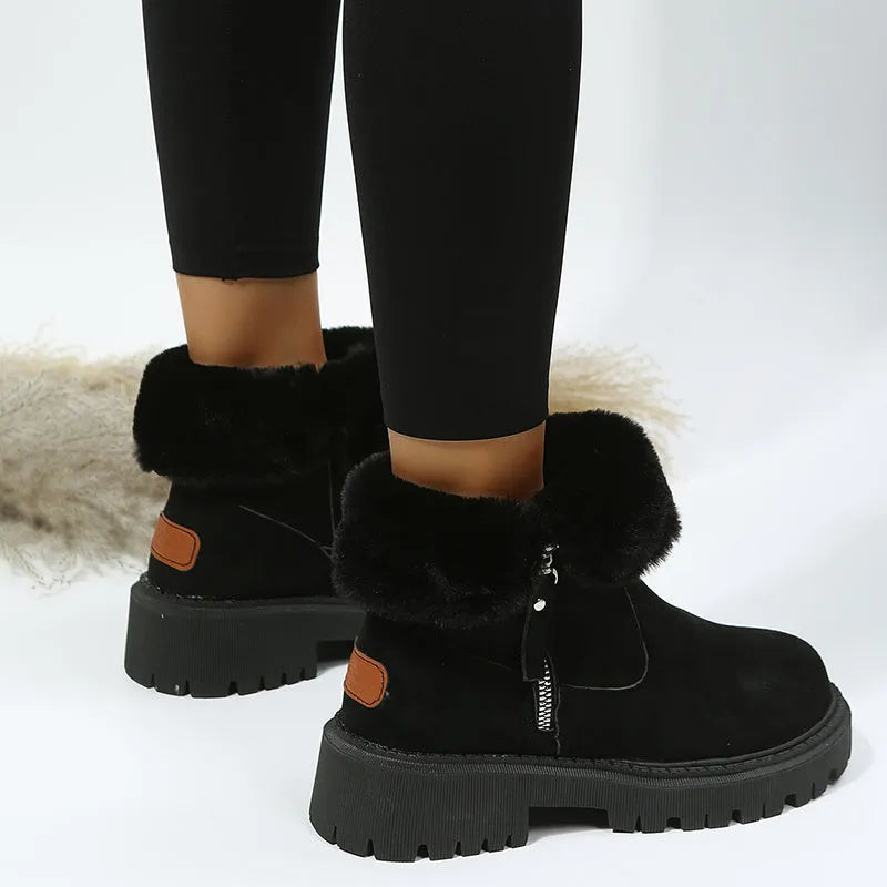 Black women's high-top snow boots with faux suede upper, side zipper, and thick plush lining.