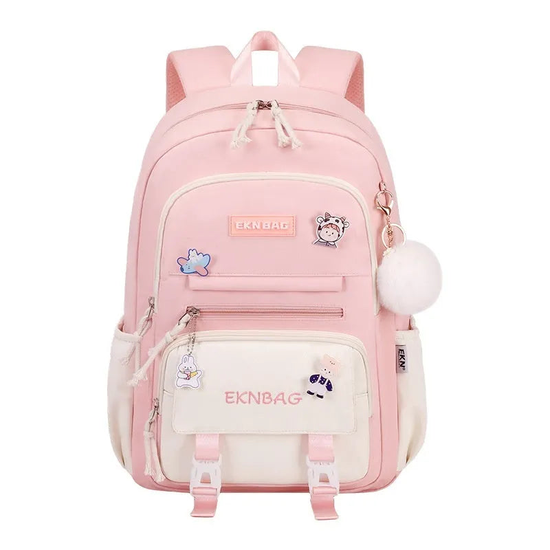 Pink waterproof Oxford cloth school backpack for girls with curved shoulder straps