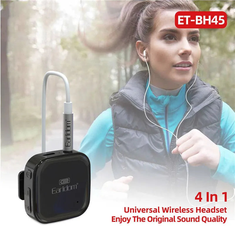 Black Bluetooth lavalier headset audio receiver unit with a 3.5mm headphone jack.