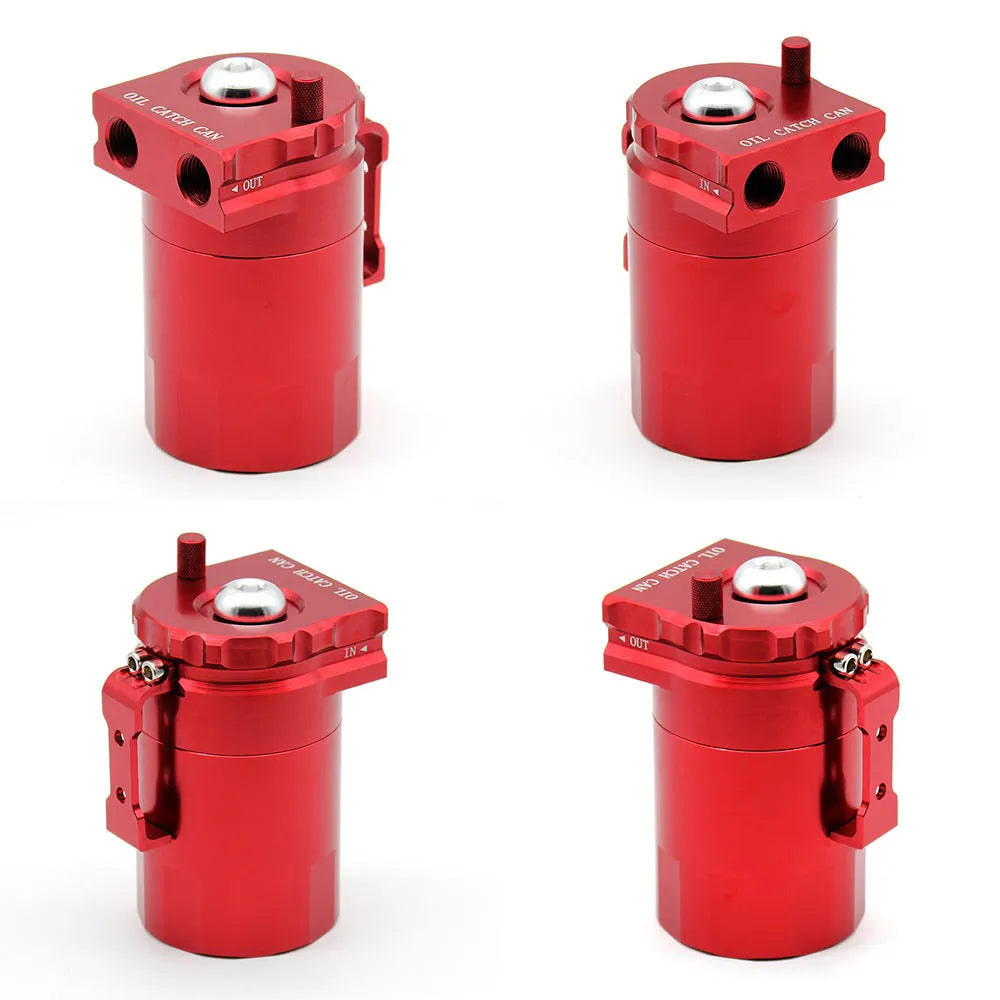 Aluminium alloy engine oil breather pot with air filter in choice of black, blue, red, or silver.