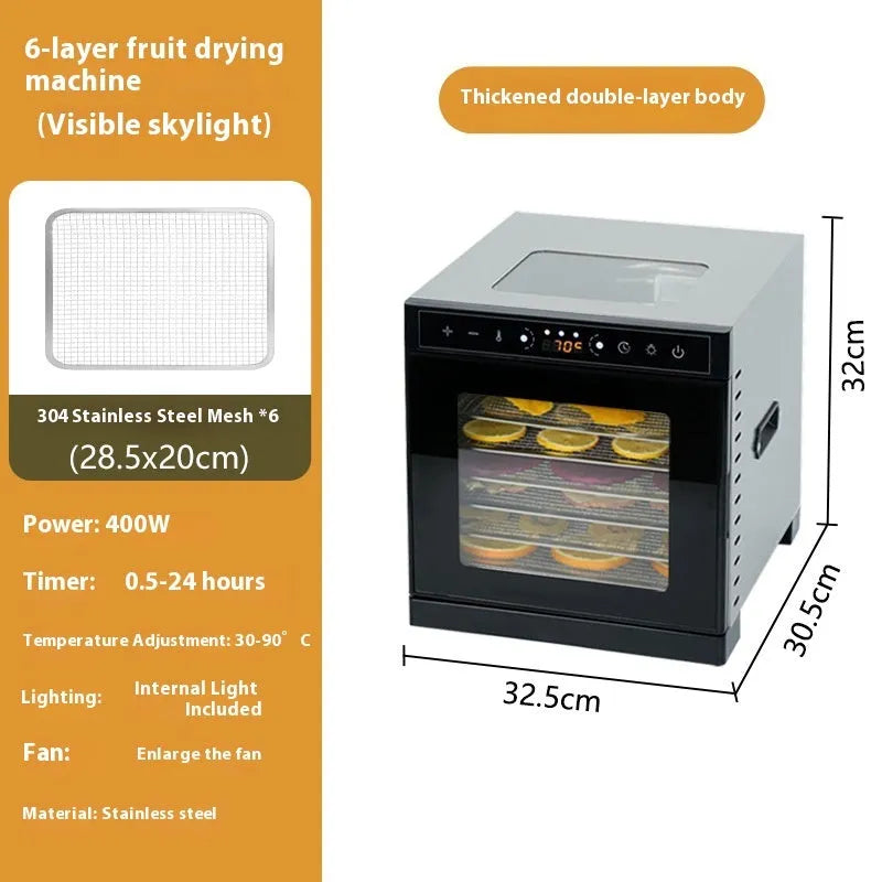 Stainless steel fruit dehydrator machine with multiple mesh trays and an LED control panel.