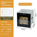 Stainless steel fruit dehydrator machine with multiple mesh trays and an LED control panel.