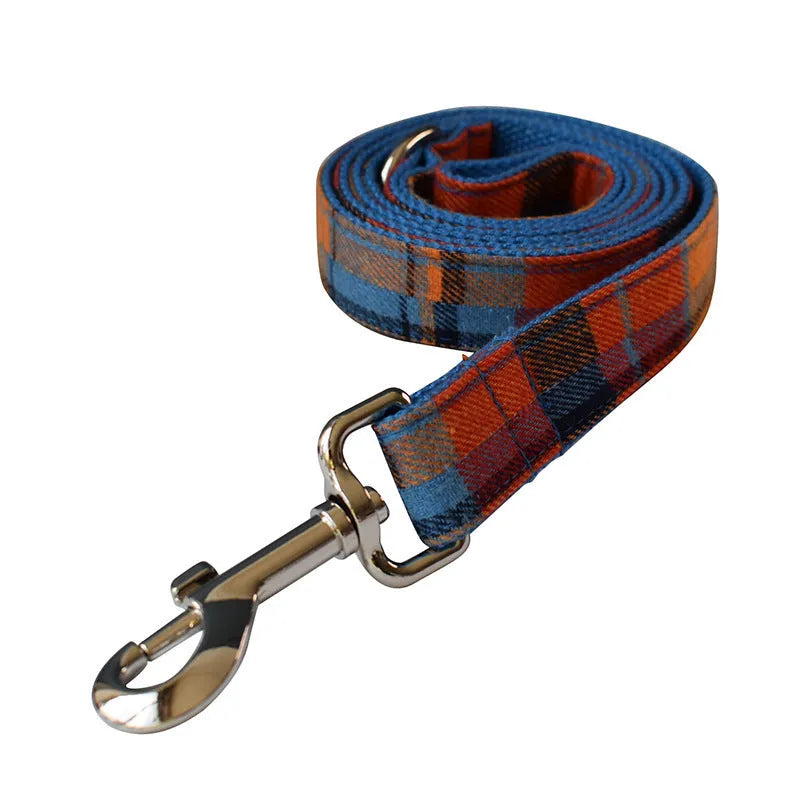 Blue velvet plaid pattern dog collar with alloy metal buckle
