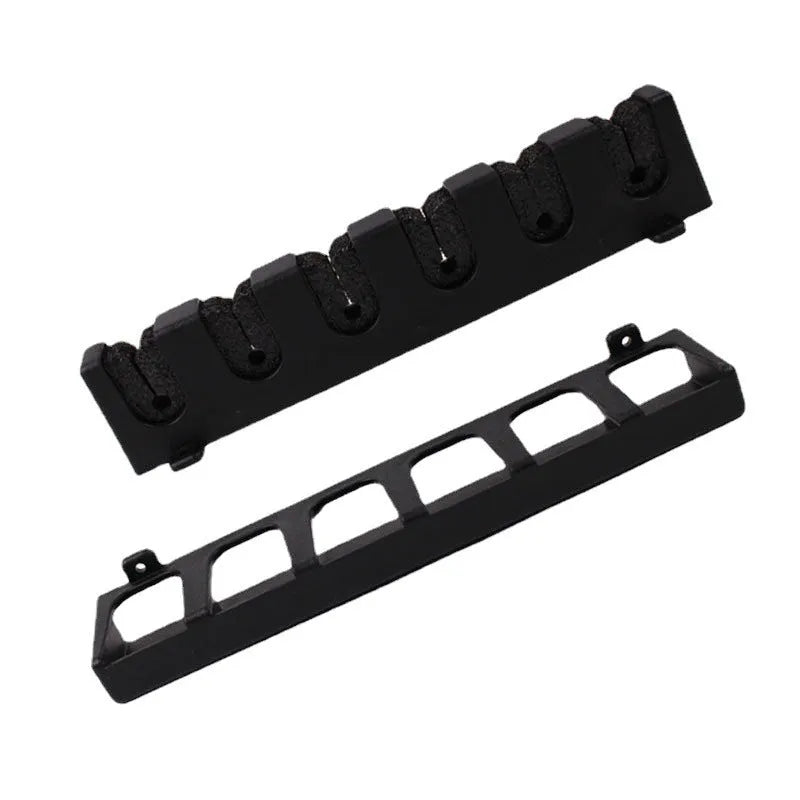Black ABS plastic wall-mounted fishing rod holder rack showing upright and horizontal mounting styles