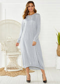 A loose long lantern dress with a lace-up crew neck, shown in grey.