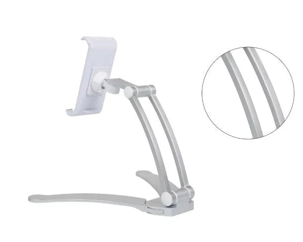 Silver and black aluminium alloy desktop tablet stand with adjustable arm and dual clamps.