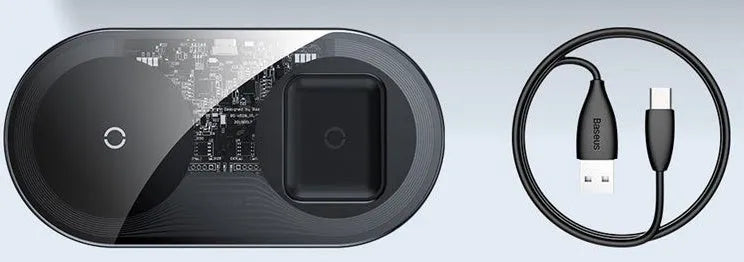 Two-in-one wireless charger, black aluminium and tempered glass, with charging light indicator, on a desk