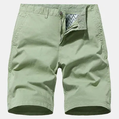 Men's straight-cut denim shorts in blue, shown laid flat, highlighting the no-belt waistband.