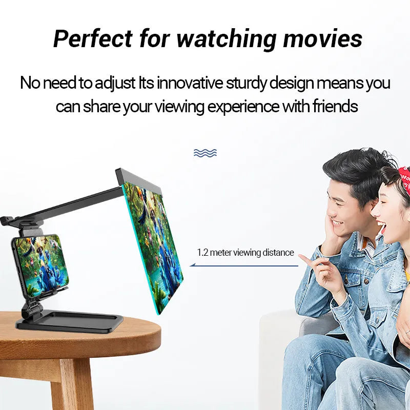 Black 12-inch mobile phone screen amplifier with detachable phone holder in folded position