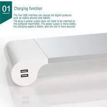 Silver and black computer monitor stand with USB charging ports and hidden keyboard storage compartment