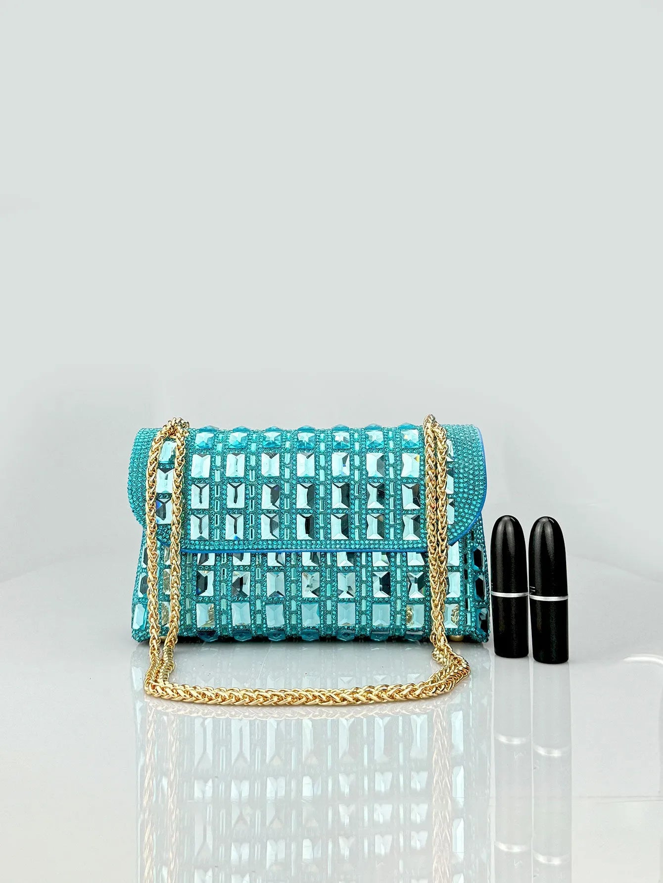 Shiny glass rhinestone chain clutch bag in horizontal square shape with open pocket