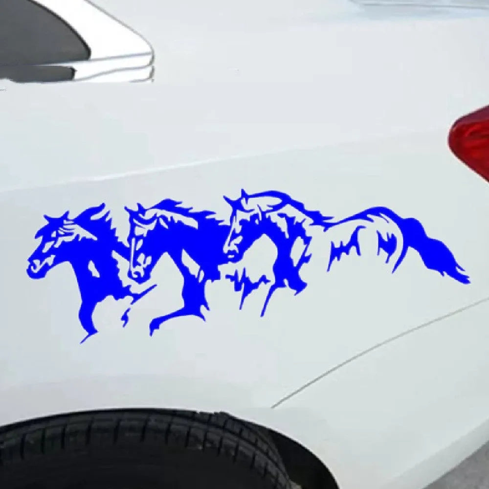 Three horses steed design car body sticker in black, white, red, and blue colour options.