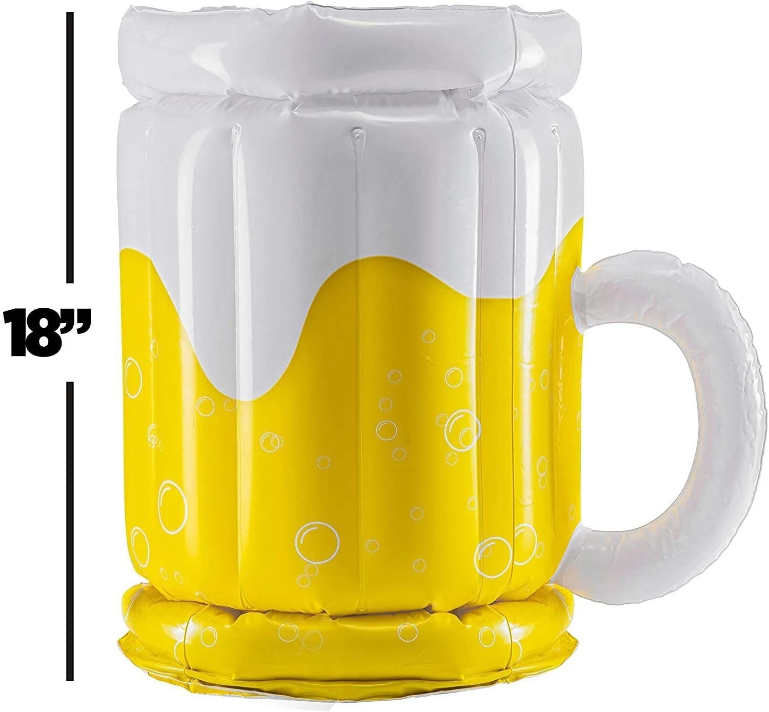 Large yellow inflatable beer mug drink cooler floating in a swimming pool.