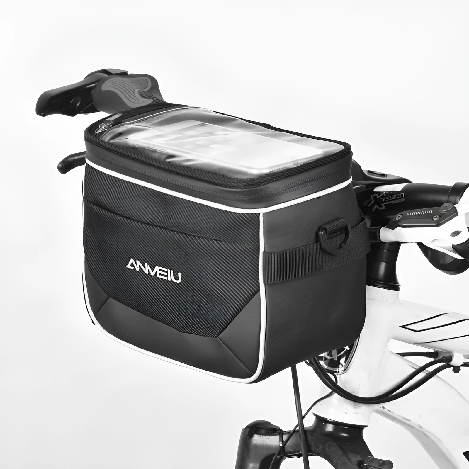 Black folding polyester bicycle bag with 7 inch capacity mounted on handlebars.
