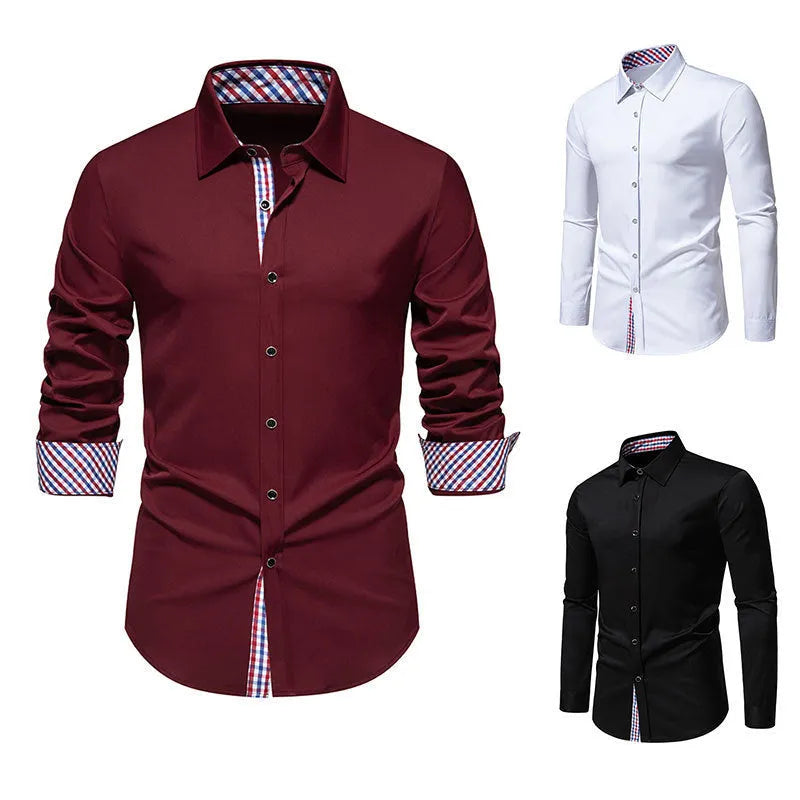 Men's loose fit plaid long sleeve casual shirt in wine red, black, or white.
