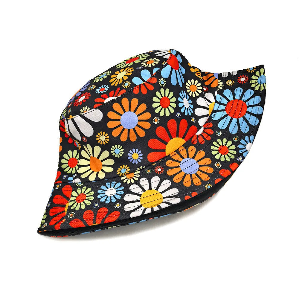 Colourful floral print polyester bucket hat with dome crown on white background