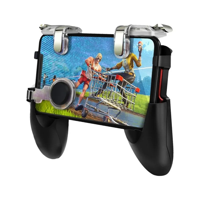 Black mobile phone game controller with plug-in connection and physical buttons