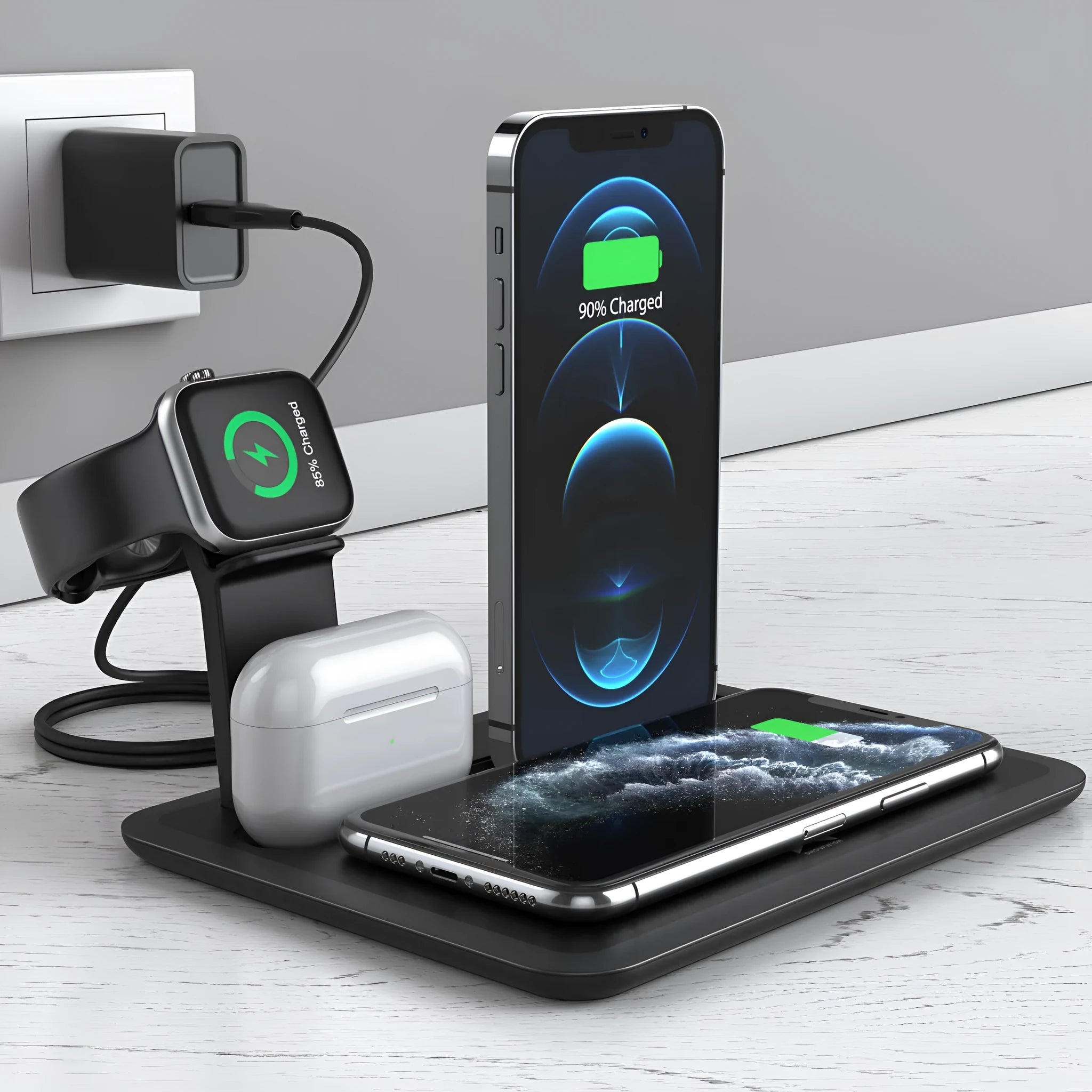 Black wireless charging station for phone watch headphones on desktop with USB cable