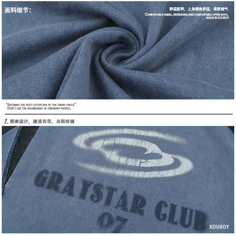 Men's blue hip hop letter print t-shirt with raglan sleeves and loose fit casual styling
