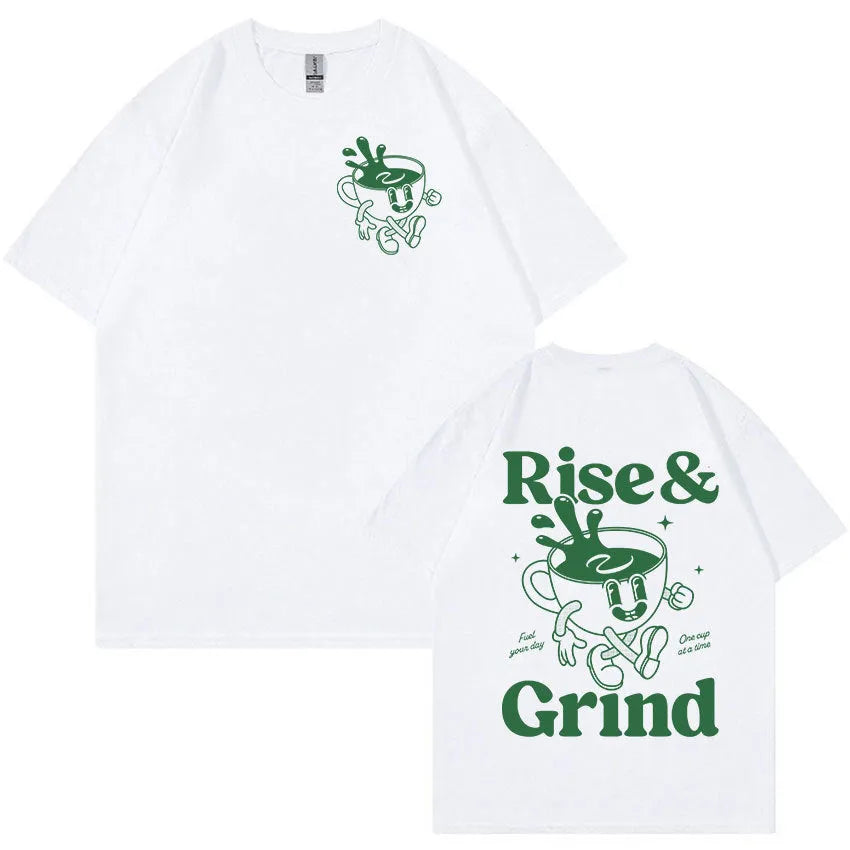 Man wearing a loose grey linen t-shirt with a Rise and Grind Green Coffee cartoon print design.