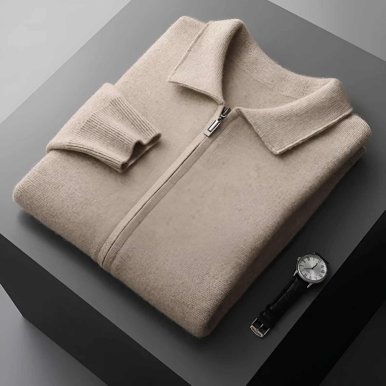 Men's pure wool thickened cardigan with turn-down collar in camel colour on a hanger
