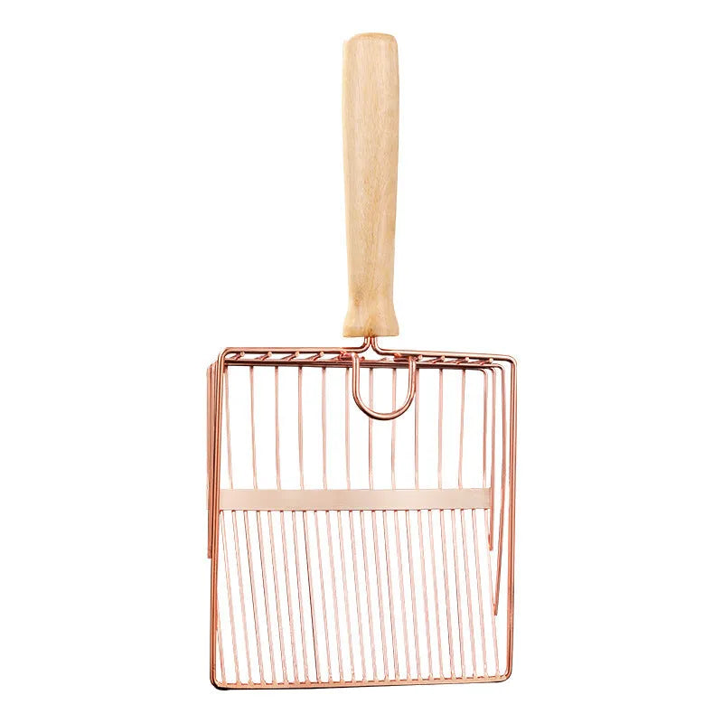 Stainless steel cat litter shovel with a long wooden handle