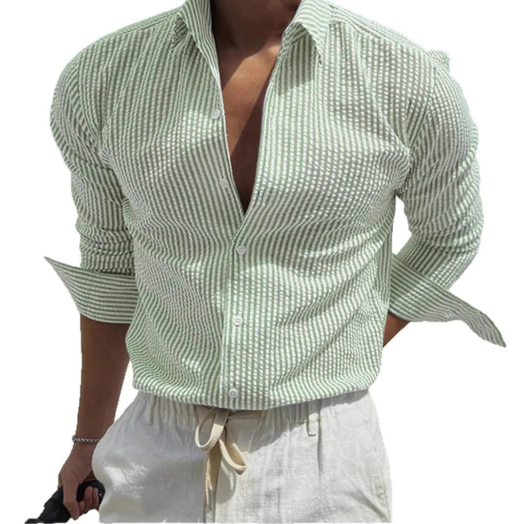 Man's blue and white striped long sleeve shirt with a cardigan-style lapel
