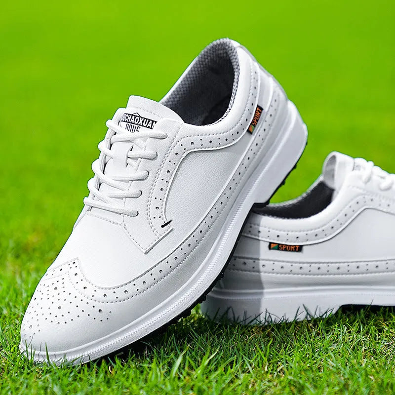 Men's genuine leather golf shoe in lake blue with a non-slip rubber outsole.