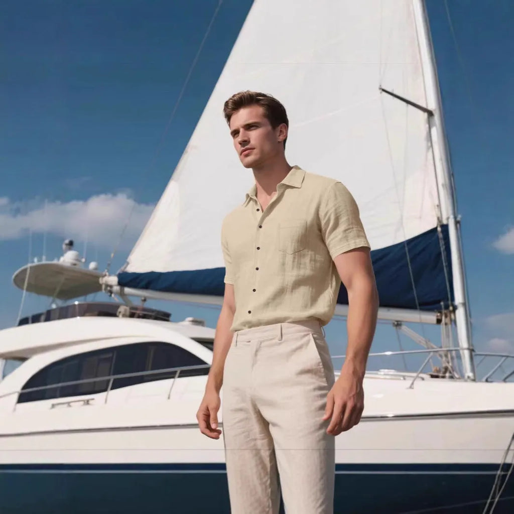 Men's loose fit linen short-sleeved shirt in cardigan style, shown in multiple solid colours.
