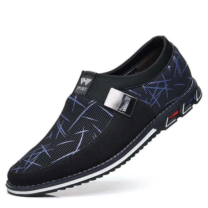 Men's black synthetic leather slip-on casual shoes with a square toe and rubber sole.