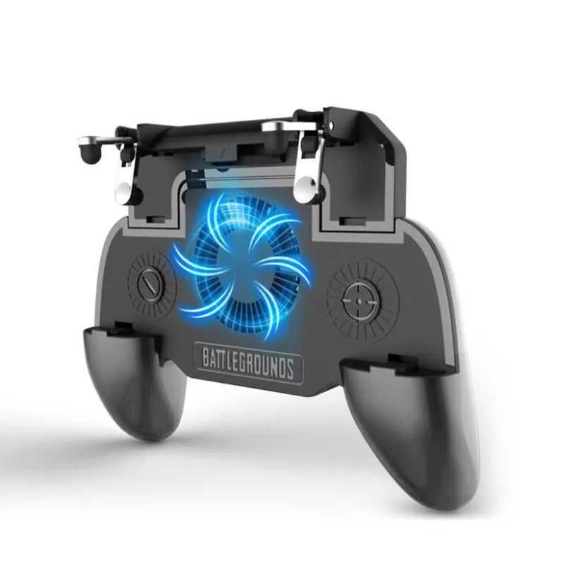 Black mobile game controller for smartphones with aluminium alloy trim and action buttons.