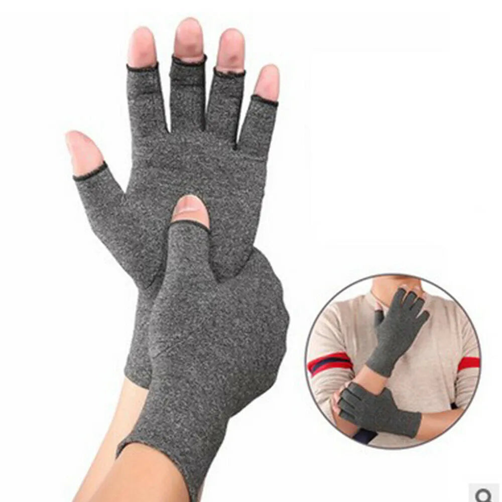 Grey half-finger compression gloves with anti-slip grip on palm surface