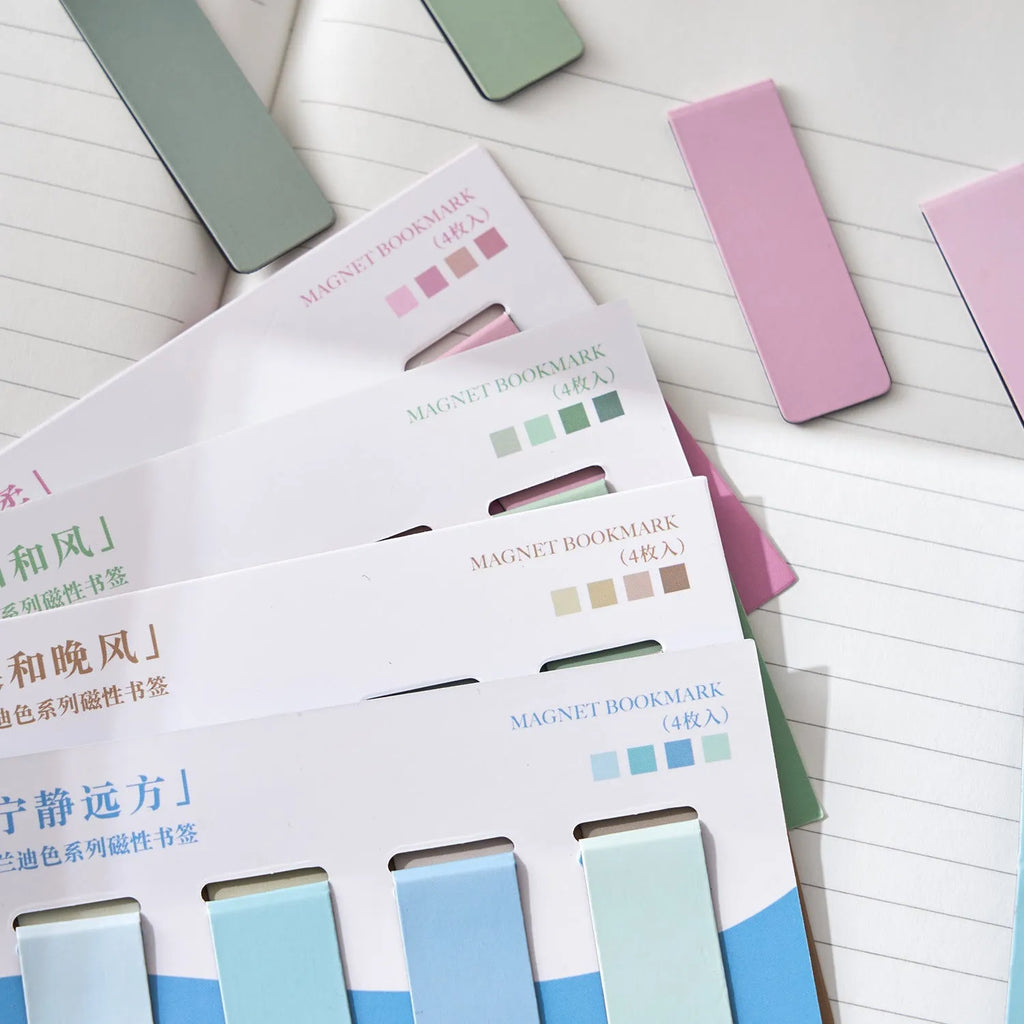 Set of four magnetic bookmarks with Morandi colour block designs in soft pastel shades