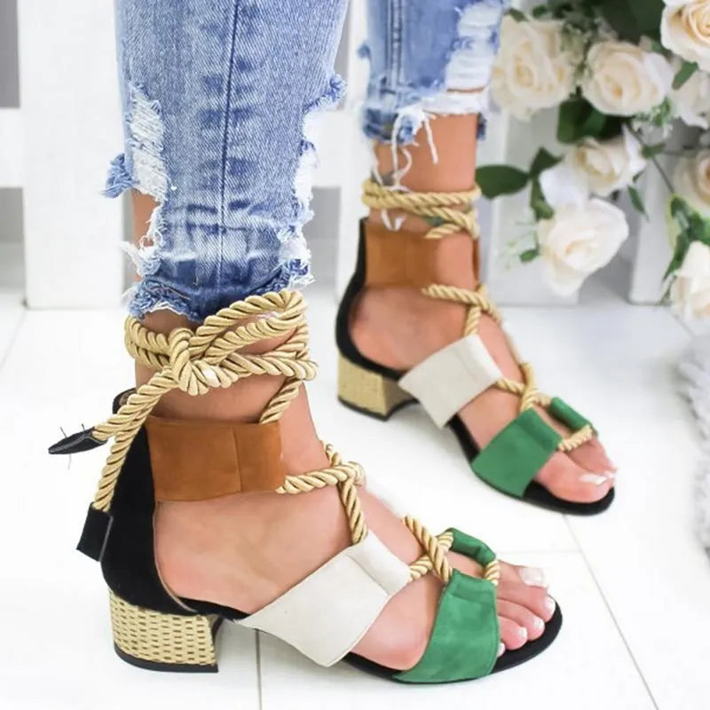 Women's beige suede sandals with a round head, thick middle heel, fish mouth toe, and front ankle straps.