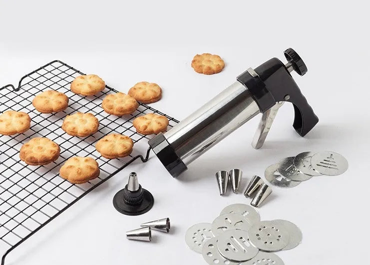 Stainless steel biscuit press machine with cookie moulds and pastry nozzles for baking