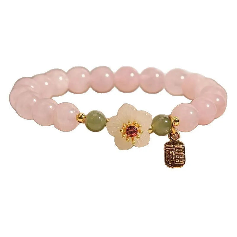 Crystal and Hetian jade beaded bracelet with peach blossom design in pastoral style