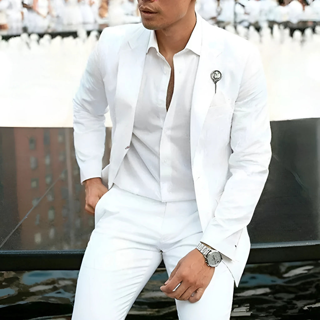 White men's two-piece slim fit suit for wedding groomsman attire in acetate fibre blend