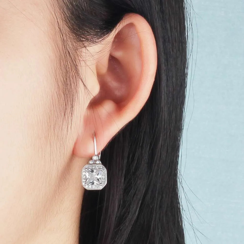 s925 sterling silver crown rhinestone earrings on a white background, polished silver finish with clear stones