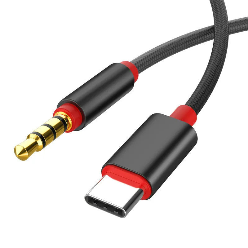 Silver and black nylon braided car AUX audio cables showing 0.5m, 1m, and 1.5m length options